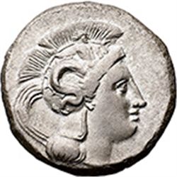 Italy. Lucania, Thourioi.   Distater, circa 350-300 BC. Obv. Head of Athena right, wearing Attic hel