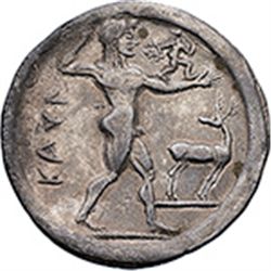 Italy. Bruttium, Kaulonia.   Nomos, circa 525-500 BC. Obv. KAV?. Naked Apollo advancing right, holdi