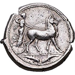 Sicily. Messana.   Tetradrachm, 415-405 BC. Obv. Mule biga driven right by the nymph Messana,  weari