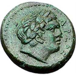 Sicily. Messana.   AE 21mm., 288-278 BC. Obv. APEOS. Laureate head of Ares right. Rev. MAMEPTI/NON. 