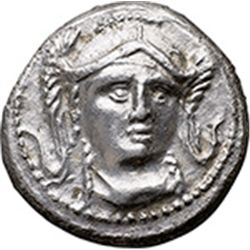 Greece. Paeonia. Audoleon (315-286 BC).  Tetradrachm. Obv. Helmeted head of Athena facing slightly r