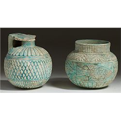 Vases. Two egyptian faience aryballoi. Circa 7th-6th century BC.  D/ Turquoise blue in color, both w