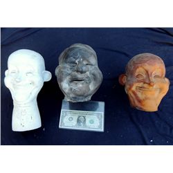 3 VINTAGE STAN LAUREL & OLIVER HARDY MAN PUPPET HEAD CASTINGS