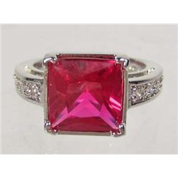 3334 - WHITE GOLD PLATED RUBY AND TOPAZ RING SIZE 6