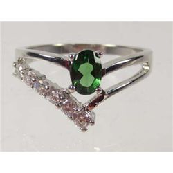 2814 - 14K WHITE GOLD PLATED RING W/ GREEN EMERALD & WHITE TOPAZ - SIZE 8
