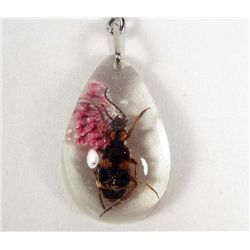 1444 - BEETLE AND FLOWER IN CLEAR RESIN KEY CHAIN - 1.5"