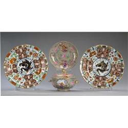 Two Similar Spode Armorial Porcelain Plates], shaped circular, centred by gilded dragon head eras...