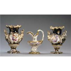 Two English Neo-Rococo Garniture Vases, 1830's/40s], possibly Minton, each royal blue body covere...