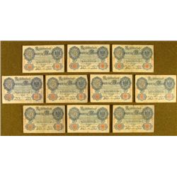 10 PRE-WWI GERMAN 20 MARK BANKNOTES 1908-1914