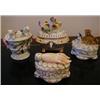 A Trinket Jar and Cover, the cover applied a pug dog and a cat, two similar jars and covers and a...