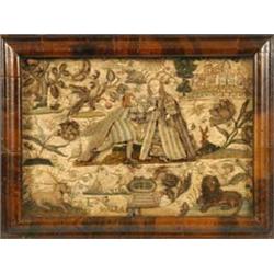 A Mid 17th Century Raised Work Picture, Rebecca and Elijah at the well, incorporating a lion, dee...