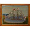 Image 1 : A Victorian Sailorwork Picture, of a beflaged battleship in a cove near a lighthouse, 44 x 61.5 c...