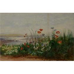 Andrew Nicholl RHA, a view of an estuary town with a bridge, viewed through a bank of poppies, fo...