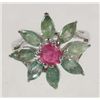 Image 1 : 2297 - STERLING SILVER EMERALD & RUBY RING - SZ. 7.5