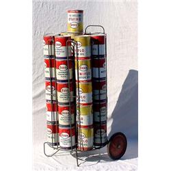 Lot 108: Mobile Wire Oil Can Rack w/Cans