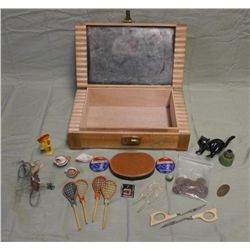 Wood Cigar Box w/Assorted Vintage Items