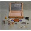 Image 1 : Wood Cigar Box w/Assorted Vintage Items