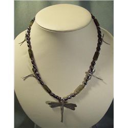 Sterling Silver Dragonfly, Pearl & Shell Necklace
