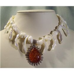 Spiny Oyster Necklace w/Silver & Amber Pendant