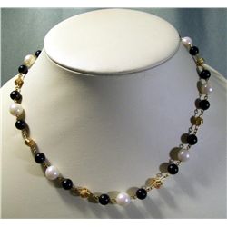 Trifari Gold-Toned Black & White Pearl Necklace