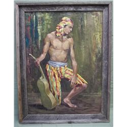 Original Oil Portrait - Kneeling Man With Guitar