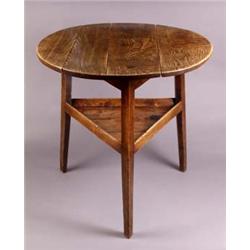 A Late 18th Century Elm Cricket Table], the circular top on chamfered triangular section outsplay...