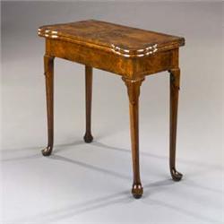 A George II Walnut Card Table], the baize-lined eared top with candle dishes and counter wells, o...