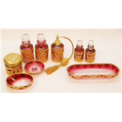 9 Pc BACCARAT RED GLASS AND DORE BRONZE VANITY SET
