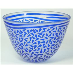 FROSTED AND COBALT ART GLASS BOWL SIGNED