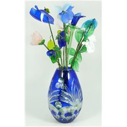 ART GLASS FLORAL ARRANGEMENT IN COBALT VASE