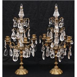Pr OF ANTIQUE GILT BRONZE & CRYSTAL CANDELABRA