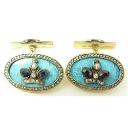 RUSSIAN 14K YG JEWELED GUILLOCHE ENAMEL CUFFLINKS