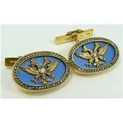 RUSSIAN 14K YG JEWELED GUILLOCHE ENAMEL CUFFLINKS