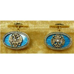 RUSSIAN 14K YG JEWELED GUILLOCHE ENAMEL CUFFLINKS