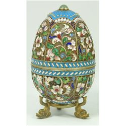 RUSSIAN SILVER ENAMELED SCROLLED FLORAL EGG