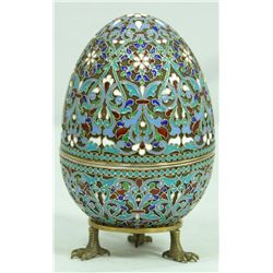 RUSSIAN SILVER ENAMELED EGG BOX w STAND