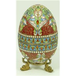 RUSSIAN SILVER ENAMELED EGG WITH STAND