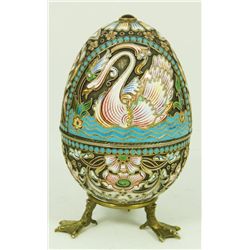 RUSSIAN SILVER ENAMELED SWANS EGG