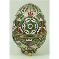 RUSSIAN SILVER ENAMELED EGG WITH STAND