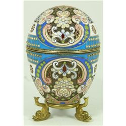 RUSSIAN SILVER ENAMELED EGG ON STAND