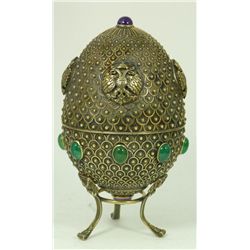 LARGE RUSSIAN SILVER JEWELED EGG