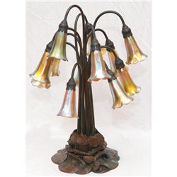 TIFFANY STUDIOS BRONZE & GLASS 12 LILY LIGHT LAMP