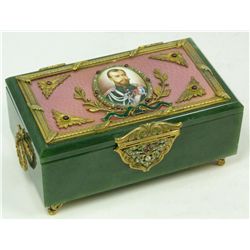 RUSSIAN JADE ENAMEL JEWELED BOX WITH MINIATURE