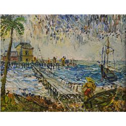 DAVID BURLIUK OIL PAINTING ON BOARD HARBOR SCENE