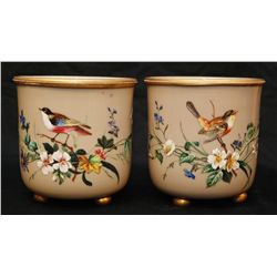 Pr FRENCH HAND PAINTED ENAMELED OPALINE GLASS POTS