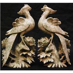 PAIR OF CARVED GREEN HARDSTONE PHOENIZ BIRDS