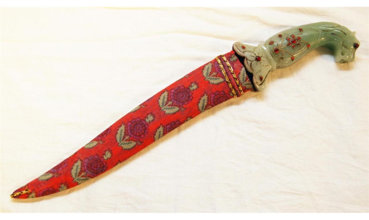JADE RUBY JEWELED MUGHAL DAGGER w DAMASCUS BLADE