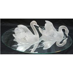 TWO LALIQUE FRENCH CRYSTAL SWANS ON MIRROR BASE