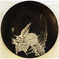 LARGE BLACK AND WHITE ENAMELED POTTERY CHARGER 28"