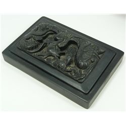 CHINESE RELIEF CARVED DRAGON BLACK INKSTONE